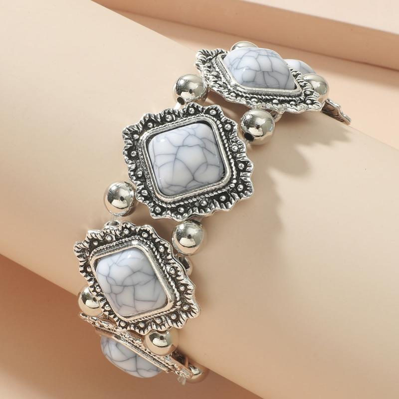 Ethnic Vintage Pine Stone Stretch Bracelet Bohemian Distressed Metal