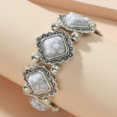 Ethnic Vintage Pine Stone Stretch Bracelet Bohemian Distressed Metal