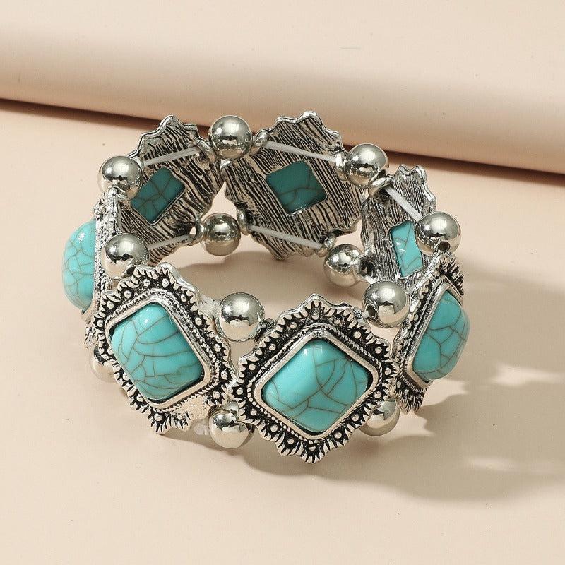 Ethnic Vintage Pine Stone Stretch Bracelet Bohemian Distressed Metal