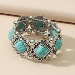 Ethnic Vintage Pine Stone Stretch Bracelet Bohemian Distressed Metal