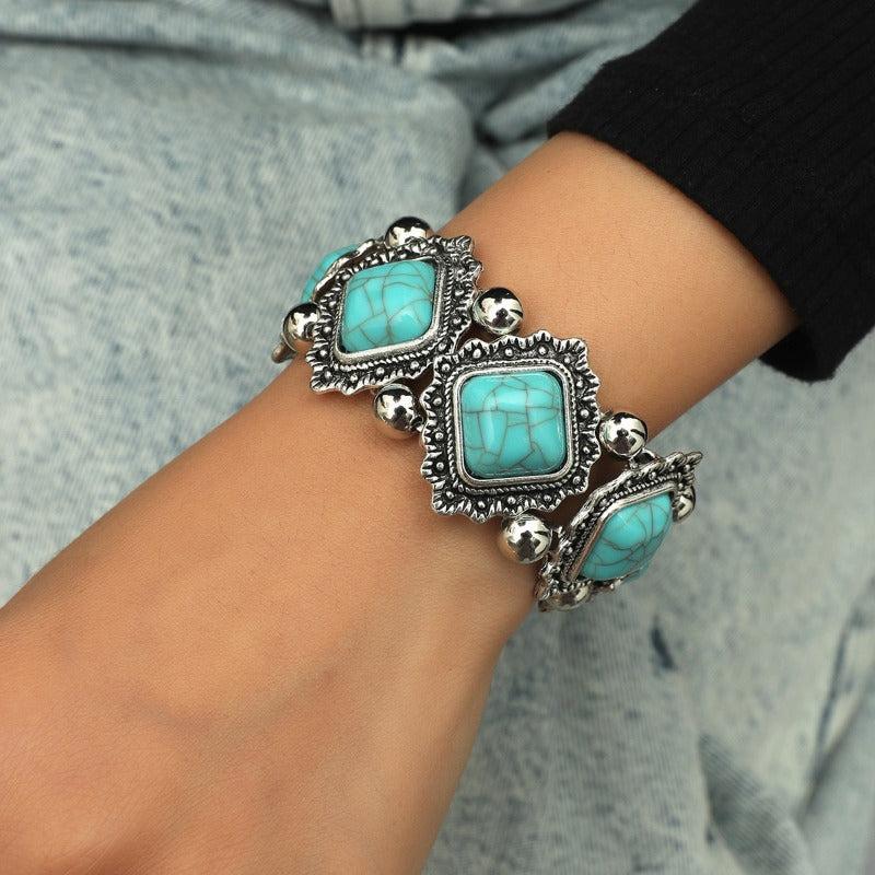 Ethnic Vintage Pine Stone Stretch Bracelet Bohemian Distressed Metal