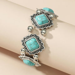 Ethnic Vintage Pine Stone Stretch Bracelet Bohemian Distressed Metal
