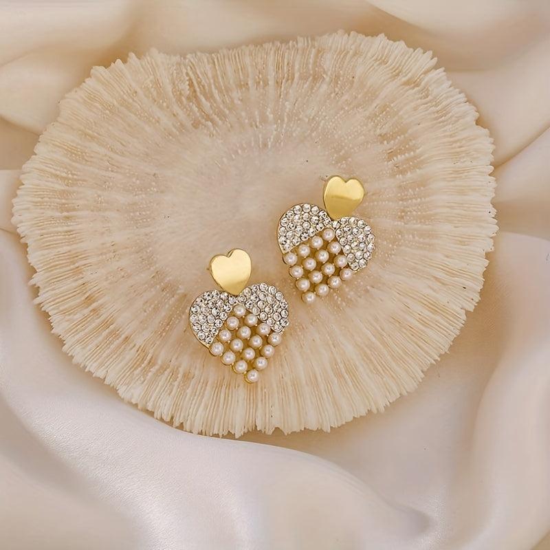 Vintage Sweet Pearl Rhinestone Heart Stud Earrings for Women