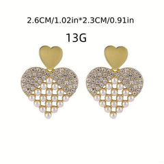 Vintage Sweet Pearl Rhinestone Heart Stud Earrings for Women