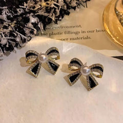 Unique Retro Bow Earrings with Pearl Studs