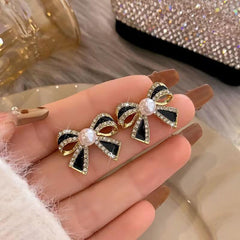 Unique Retro Bow Earrings with Pearl Studs