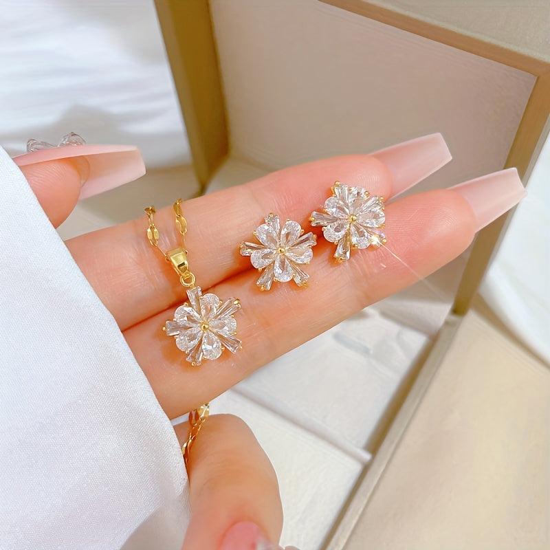 Crystal Flower Charm Necklace Earrings Set