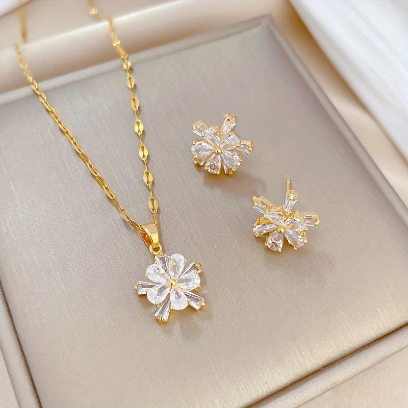 Crystal Flower Charm Necklace Earrings Set