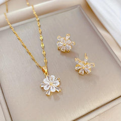 Crystal Flower Charm Necklace Earrings Set