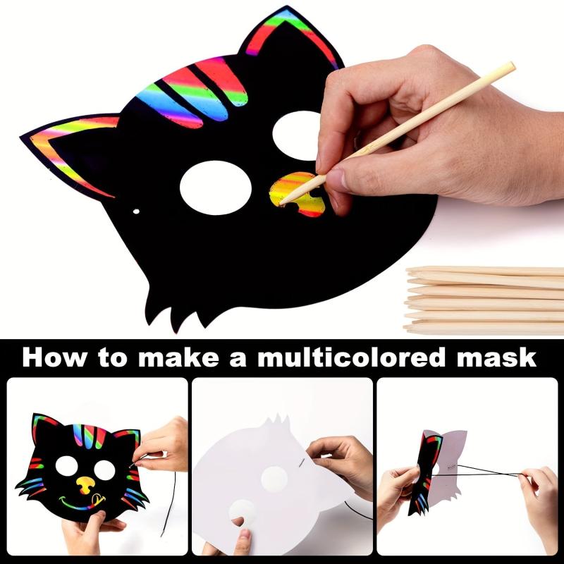 Rainbow Scratch Art Masks Kit - Halloween Party Favors - 24PCS Bulk Decorations