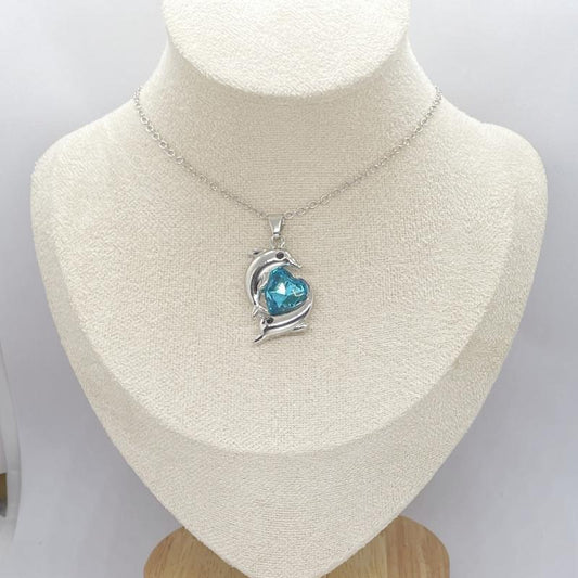 Double Dolphin Heart Crystal Pendant Necklace Gift