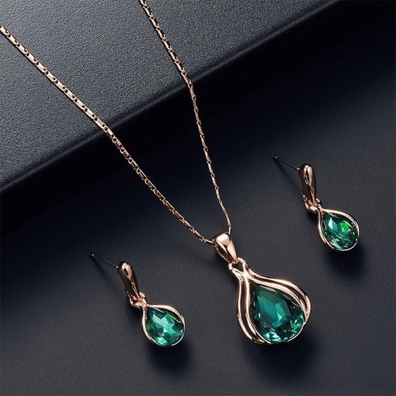 Green Water Droplet Necklace Earrings Set