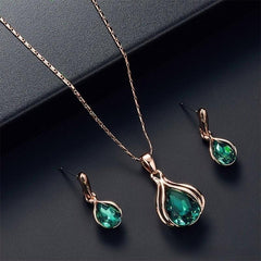 Green Water Droplet Necklace Earrings Set