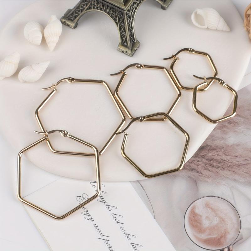 Stainless Steel Hexagonal Plated Earrings Set with Ear Cuffs
