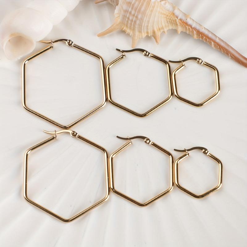 Stainless Steel Hexagonal Plated Earrings Set with Ear Cuffs