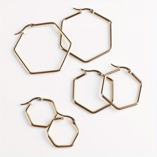 Stainless Steel Hexagonal Plated Earrings Set with Ear Cuffs