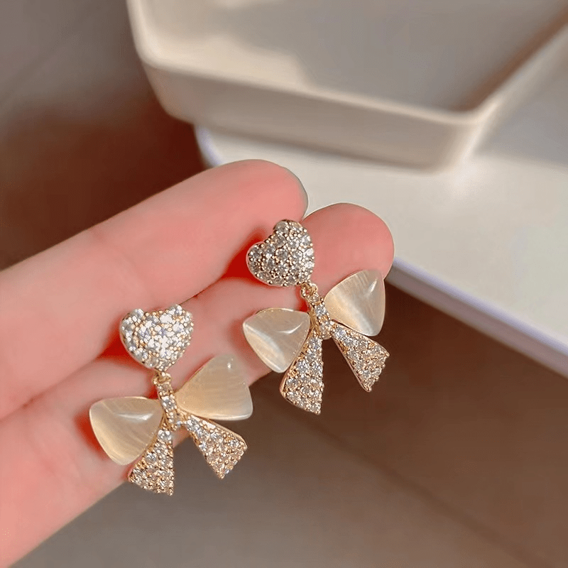 Cat Eye Stone Bow Drop Earrings for Trendy Style
