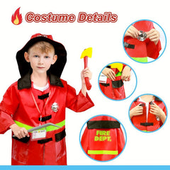 Kids Fire Chief Costume with Toy Accessories Firefighter Role Play Dress Up Set