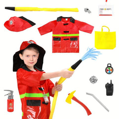 Kids Fire Chief Costume with Toy Accessories Firefighter Role Play Dress Up Set