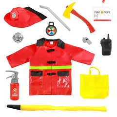 Kids Fire Chief Costume with Toy Accessories Firefighter Role Play Dress Up Set