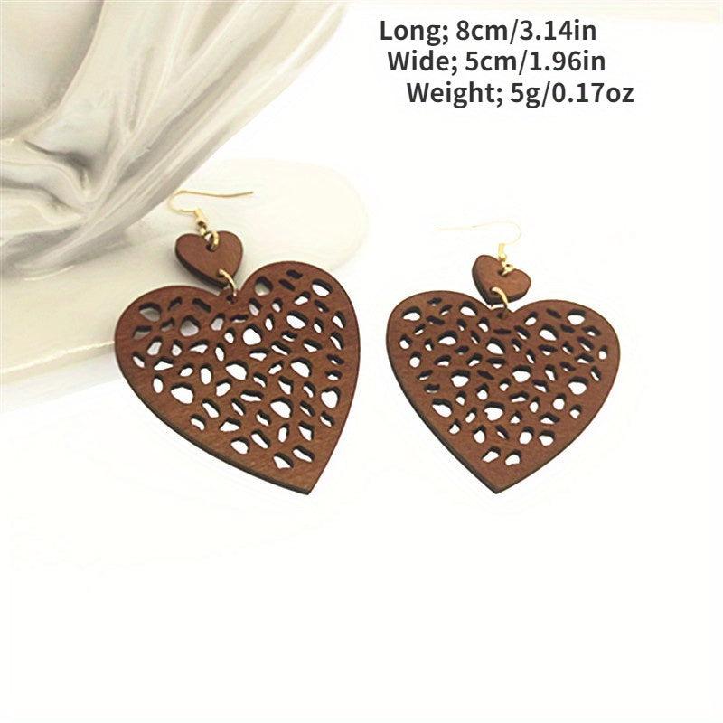 Boho Vintage Peach Heart Earrings Mesh Cut Wood Chip