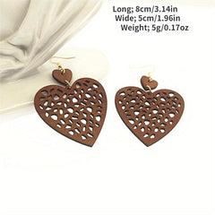 Boho Vintage Peach Heart Earrings Mesh Cut Wood Chip