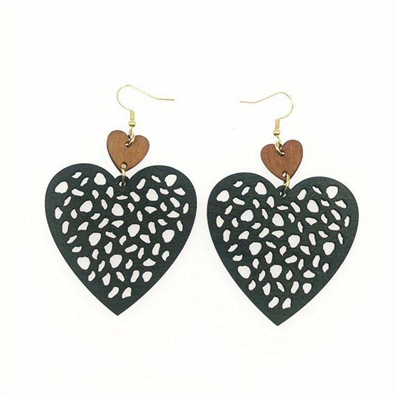 Boho Vintage Peach Heart Earrings Mesh Cut Wood Chip