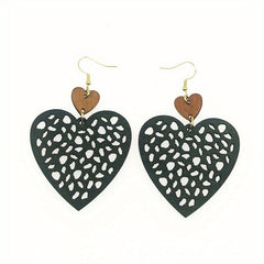 Boho Vintage Peach Heart Earrings Mesh Cut Wood Chip