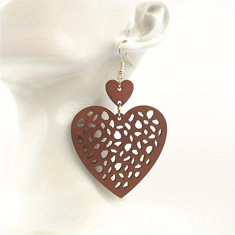 Boho Vintage Peach Heart Earrings Mesh Cut Wood Chip