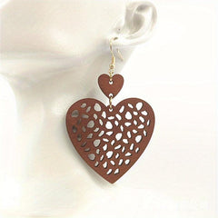 Boho Vintage Peach Heart Earrings Mesh Cut Wood Chip