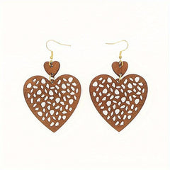 Boho Vintage Peach Heart Earrings Mesh Cut Wood Chip