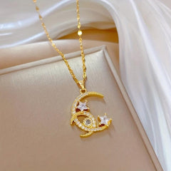 Moon Stars Pendant Necklace Stainless Steel Women Girl Chain Jewelry
