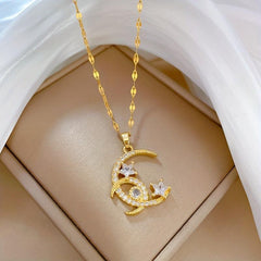 Moon Stars Pendant Necklace Stainless Steel Women Girl Chain Jewelry