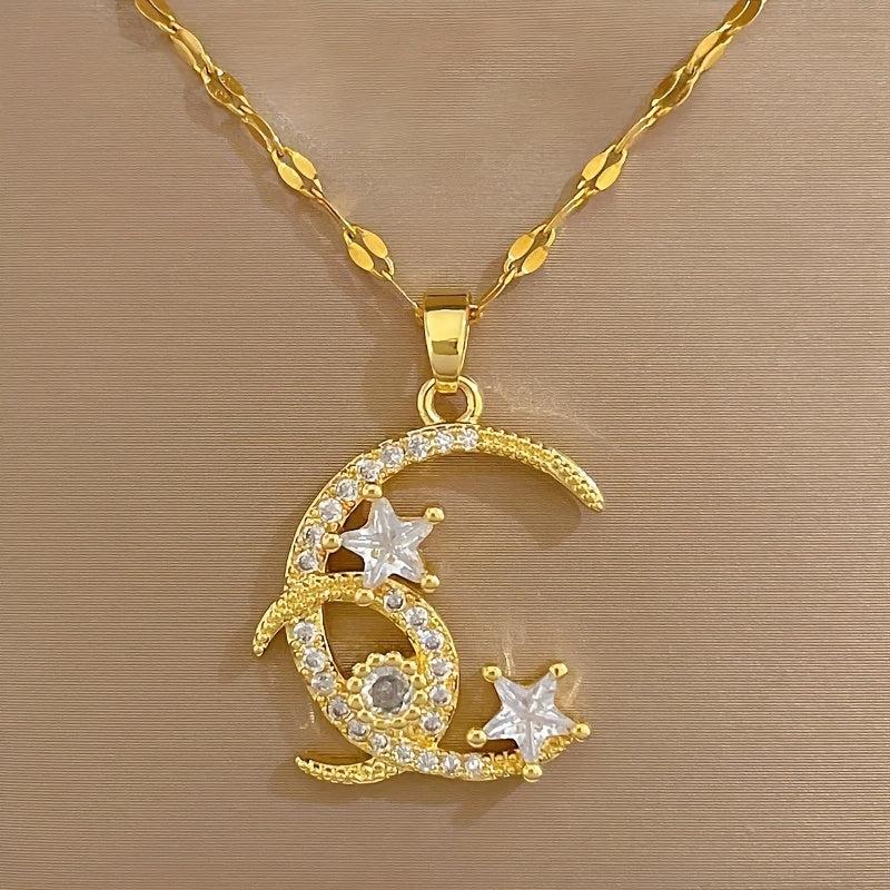 Moon Stars Pendant Necklace Stainless Steel Women Girl Chain Jewelry