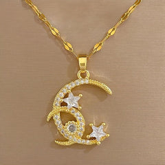 Moon Stars Pendant Necklace Stainless Steel Women Girl Chain Jewelry