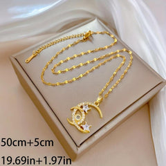 Moon Stars Pendant Necklace Stainless Steel Women Girl Chain Jewelry