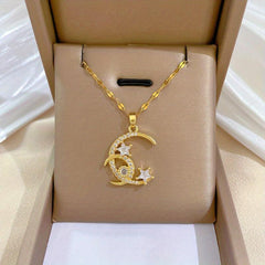 Moon Stars Pendant Necklace Stainless Steel Women Girl Chain Jewelry