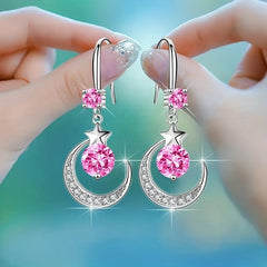 Moon Star Gemstone Drop Earrings With Sapphire Pendant