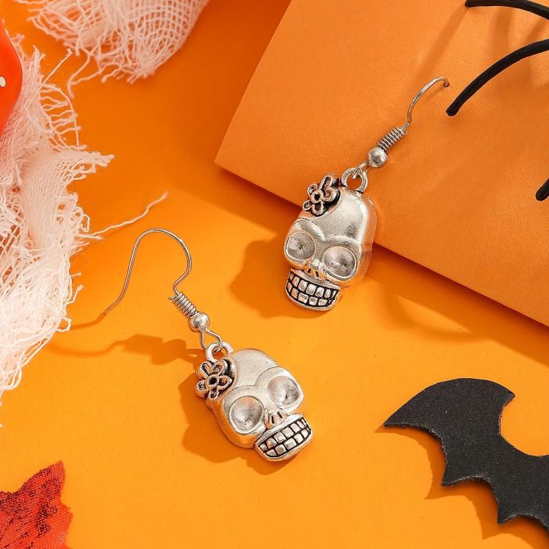Gothic Punk Style Halloween Silvery Skull Drop Earrings