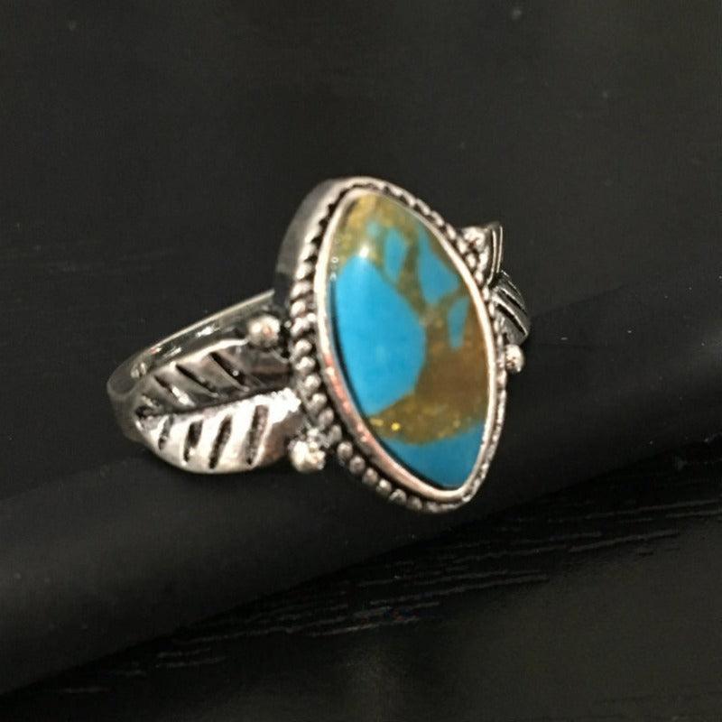 Natural Turquoise Antique Silvery Feather Ladies Ring