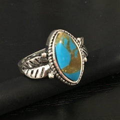 Natural Turquoise Antique Silvery Feather Ladies Ring