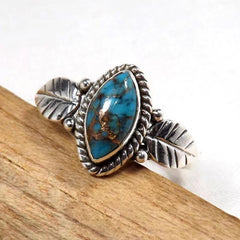 Natural Turquoise Antique Silvery Feather Ladies Ring
