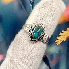Natural Turquoise Antique Silvery Feather Ladies Ring
