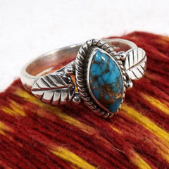 Natural Turquoise Antique Silvery Feather Ladies Ring