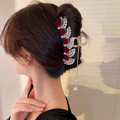 Red Rose Rhinestone Tassel Pendant Grab Clip Hair Accessory