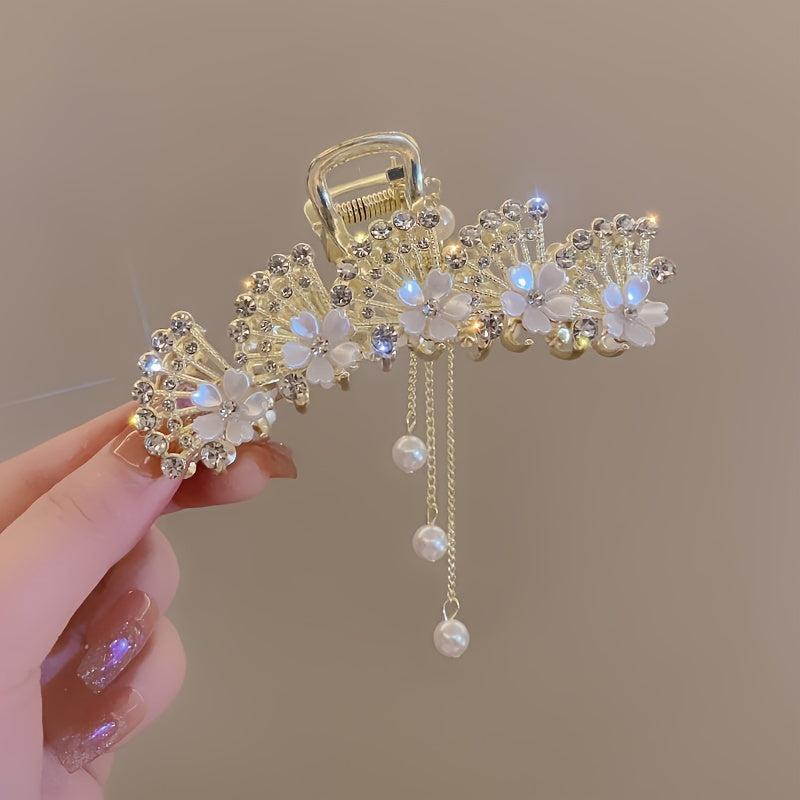 Red Rose Rhinestone Tassel Pendant Grab Clip Hair Accessory
