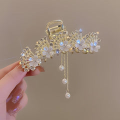Red Rose Rhinestone Tassel Pendant Grab Clip Hair Accessory
