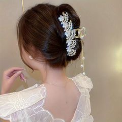 Red Rose Rhinestone Tassel Pendant Grab Clip Hair Accessory
