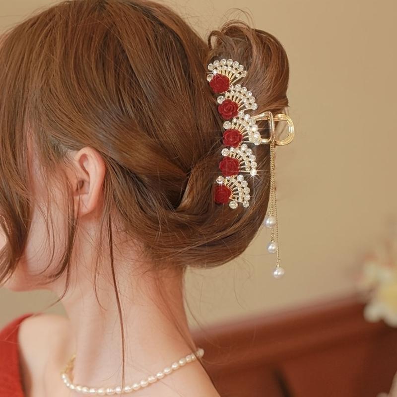 Red Rose Rhinestone Tassel Pendant Grab Clip Hair Accessory