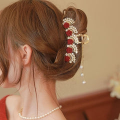 Red Rose Rhinestone Tassel Pendant Grab Clip Hair Accessory